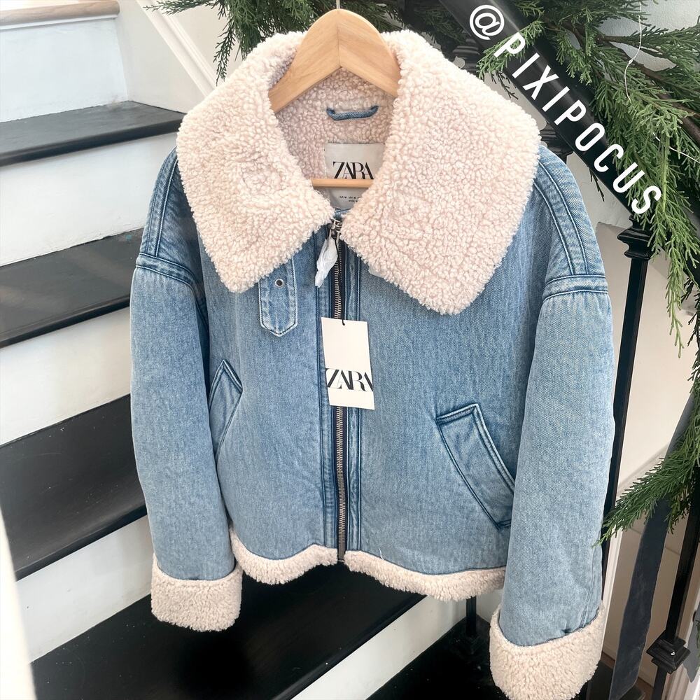 ZARA NEW FAUX SHEARLING BIKER JACKET MOTO DENIM BLUE M MEDIUM 3548/250 - Picture 15 of 16